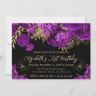 Aquarellfarben Lila und Gold Blume 21. Geburtstag Einladung