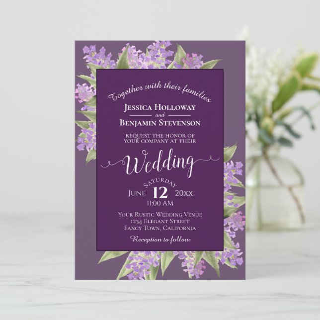 Aquarellfarben Lilacs Plum Lila Boho Wedding Einladung (Stehend Vorderseite)