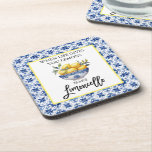 Aquarellfarben Limoncello Getränkeuntersetzer<br><div class="desc">Modern Brush Script Wasserfarben Lemons Blue Tile,  wenn das Leben gibt Ihnen Zitronen machen Limoncello Untersetzer</div>