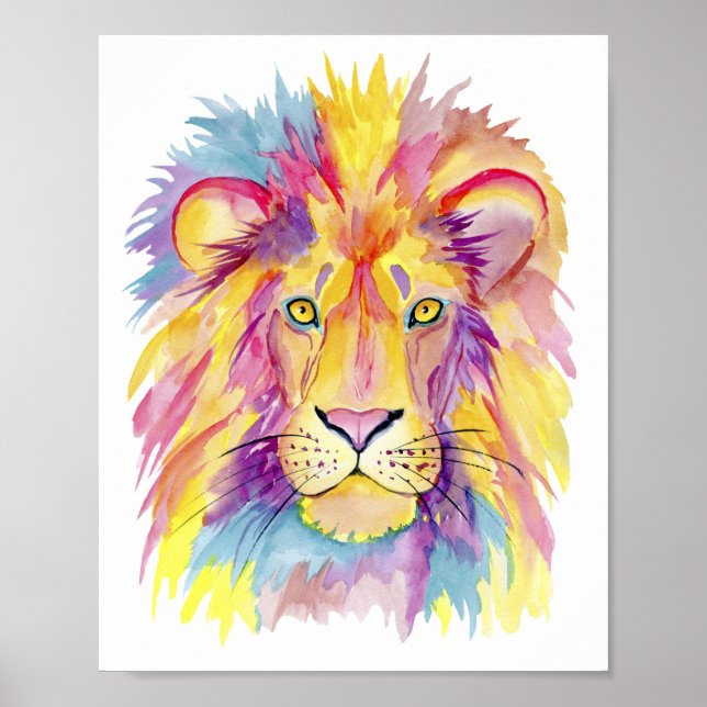 Aquarellfarben Lion Print - farbenfrohe Wanddekora Poster (Vorne)