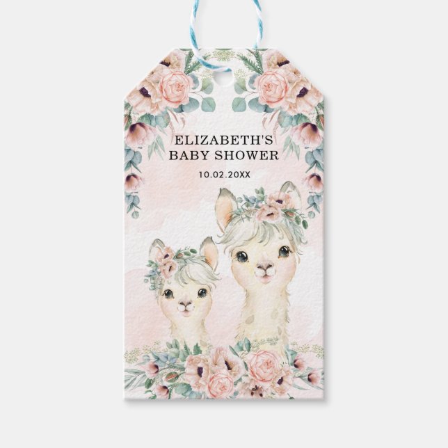 Aquarellfarben Llama Blush Flower Girl Babydusche Geschenkanhänger (Vorderseite)