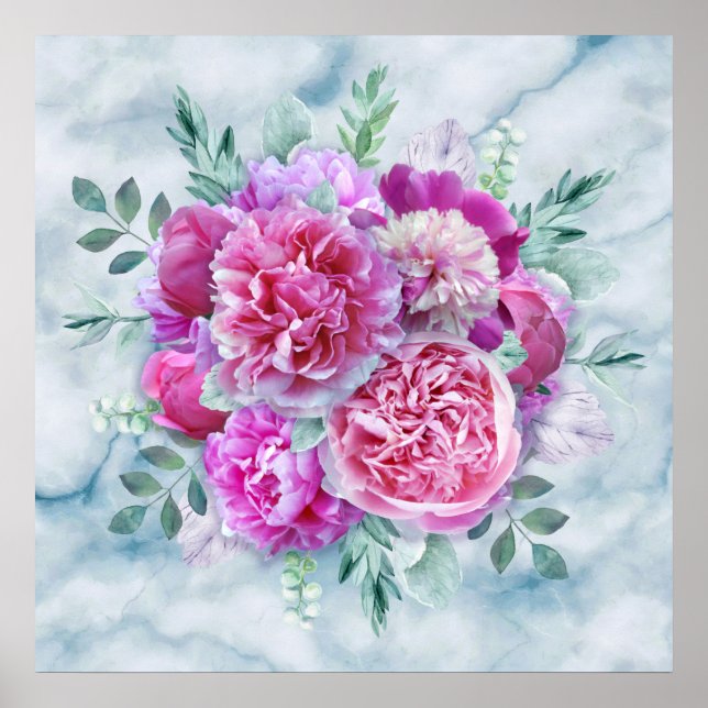 Aquarellfarben Lush Pink Peonies & Green Aquamarin Poster (Vorne)