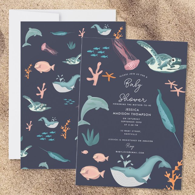 Aquarellfarben Meerestiere Blue Baby Dusche Einladung (Watercolor Ocean Sea Animals Blue Baby Shower Invitation)