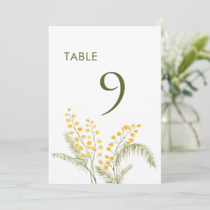 Aquarellfarben Mimosa Blume Hochzeit Tischnummer