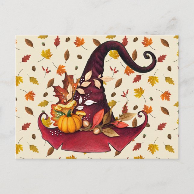 Aquarellfarben mit Hut und Herbstlauben Postkarte (Vorderseite)