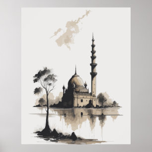 Aquarellfarben Moschee in Schwarz-Weiß Poster