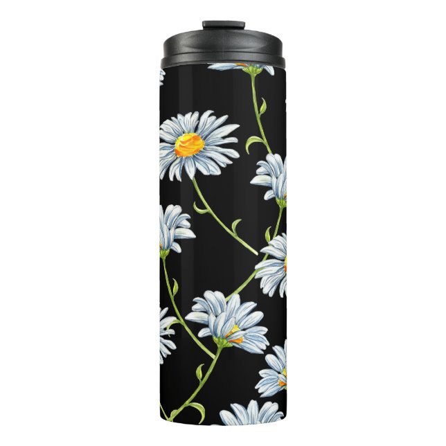 Aquarellfarben. Nahtloser floraler Hintergrund mit Thermosbecher (Vorderseite)