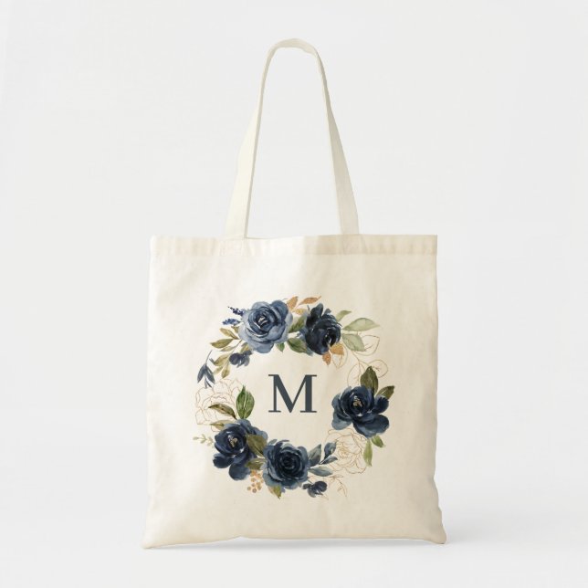 Aquarellfarben Navy Blue Rose Blumenreath Monogram Tragetasche (Vorne)