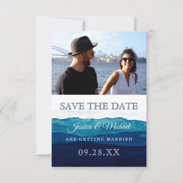Aquarellfarben-Navy-Deep-Blue-Foto Save The Date (Vorderseite)