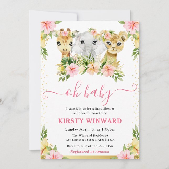 Aquarellfarben Niedliche Blütentiere Kinderdusche Einladung (Vorderseite)