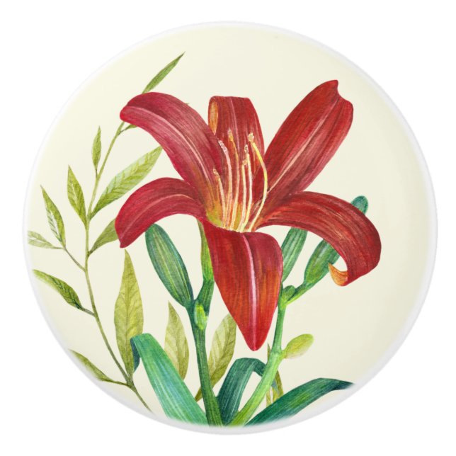 Aquarellfarben Orange Lily Illustration über Beige Keramikknauf (Vorderseite)