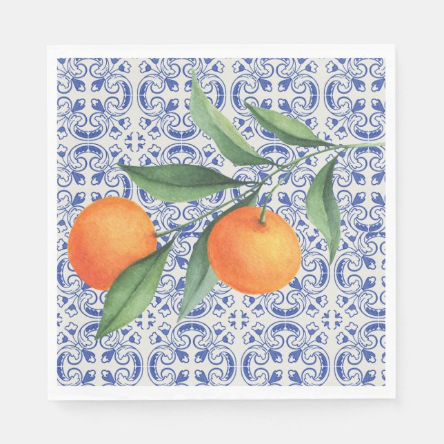 Aquarellfarben Orangefarbene blaue Fliesen mediter Serviette (Vorderseite)