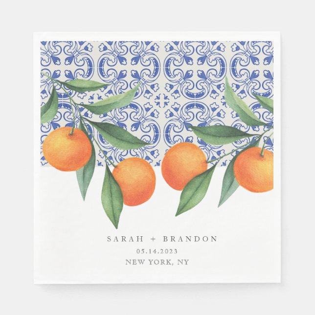 Aquarellfarben Orangefarbene blaue Fliesen mediter Serviette (Vorderseite)