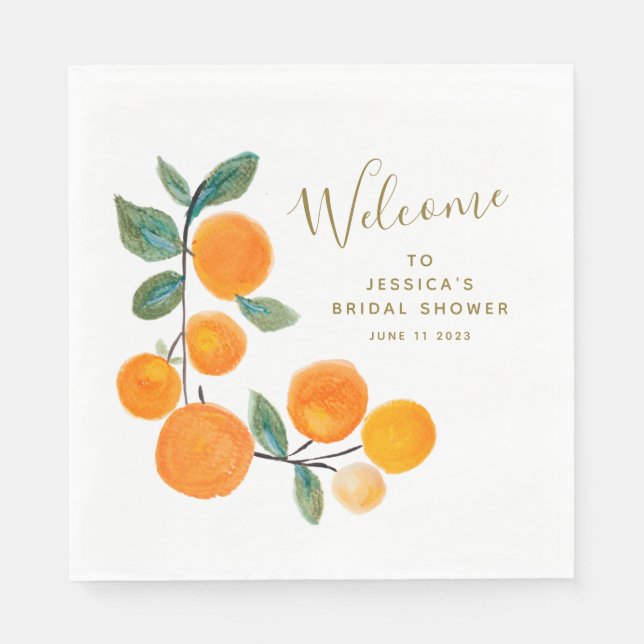 Aquarellfarben Orangen Frucht Rustikales Brautpart Serviette (Vorderseite)