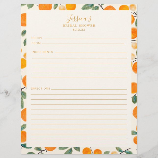 Aquarellfarben Orangen Grenz-Brautparty Rezept Flyer (Vorne)