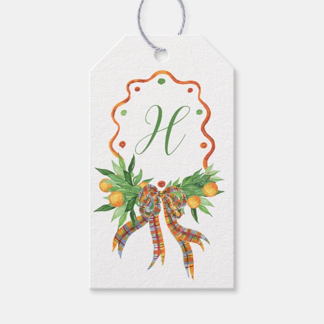 Aquarellfarben Orangen Kariert Bow Weihnachtsmonog Geschenkanhänger (Vorderseite)