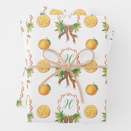 Aquarellfarben Orangen Kariert Bow Weihnachtsmonog Geschenkpapier Set
