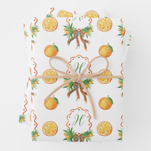 Aquarellfarben Orangen Kariert Bow Weihnachtsmonog Geschenkpapier Set