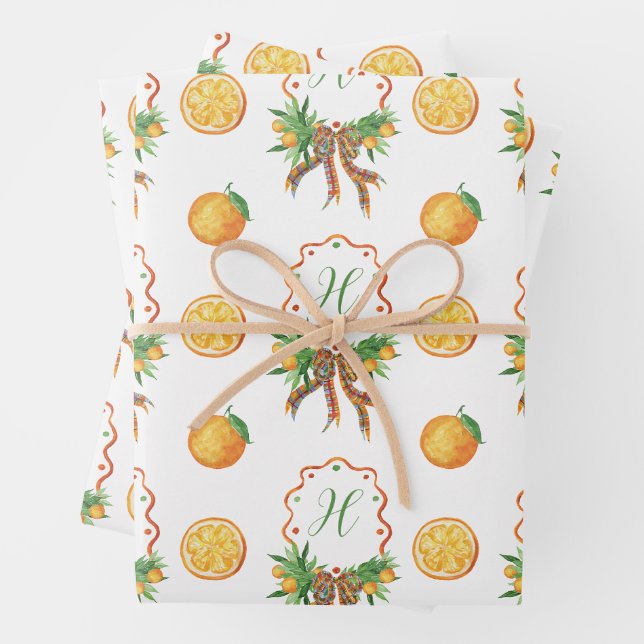 Aquarellfarben Orangen Kariert Bow Weihnachtsmonog Geschenkpapier Set (Beispiel)