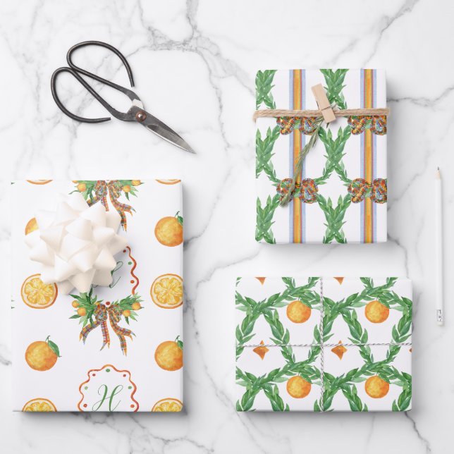 Aquarellfarben Orangen Kariert Bow Weihnachtsmonog Geschenkpapier Set (Vorderseite)