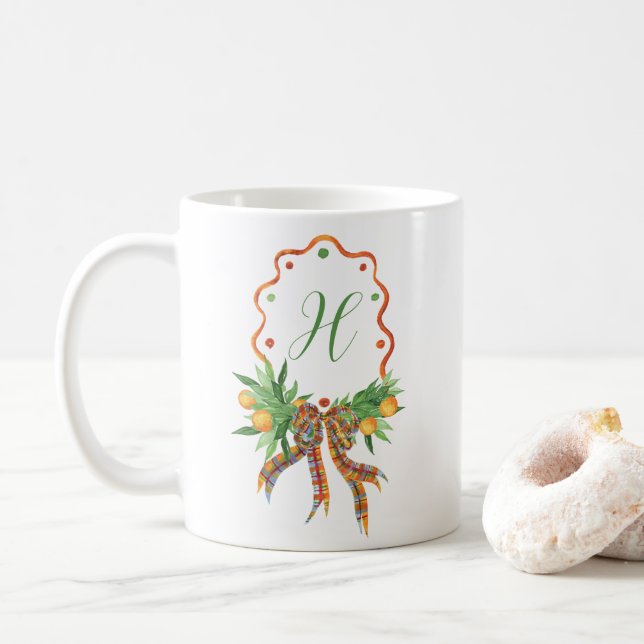 Aquarellfarben Orangen Kariert Bow Weihnachtsmonog Kaffeetasse (Mit Donut)