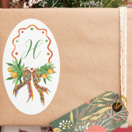 Aquarellfarben Orangen Kariert Bow Weihnachtsmonog Ovaler Aufkleber