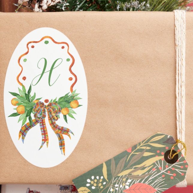 Aquarellfarben Orangen Kariert Bow Weihnachtsmonog Ovaler Aufkleber (Von Creator hochgeladen)