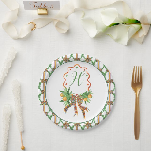 Aquarellfarben Orangen Kariert Bow Weihnachtsmonog Pappteller (Hochzeit)