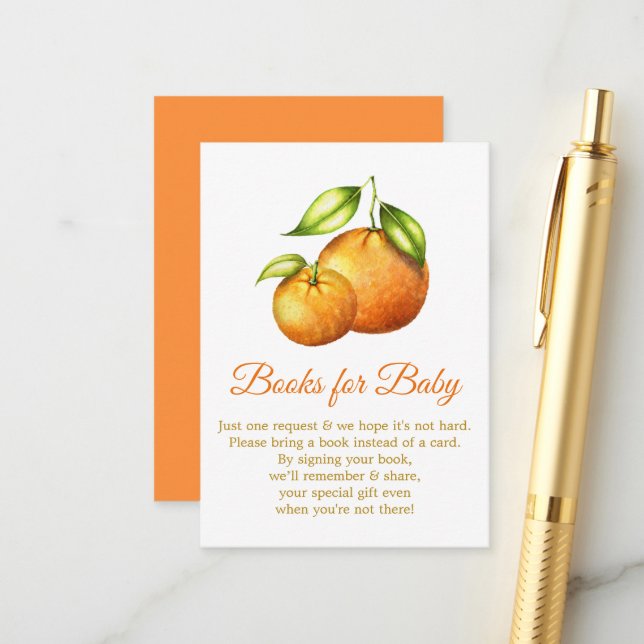Aquarellfarben Orangen Zitrusbücher für Babydusche Begleitkarte (Vorderseite/Rückseite Beispiel)