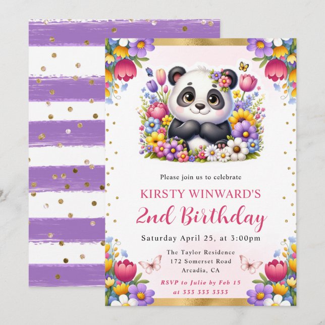 Aquarellfarben Osterpanda Frühlingsblumen Geburtst Einladung (Vorne/Hinten)