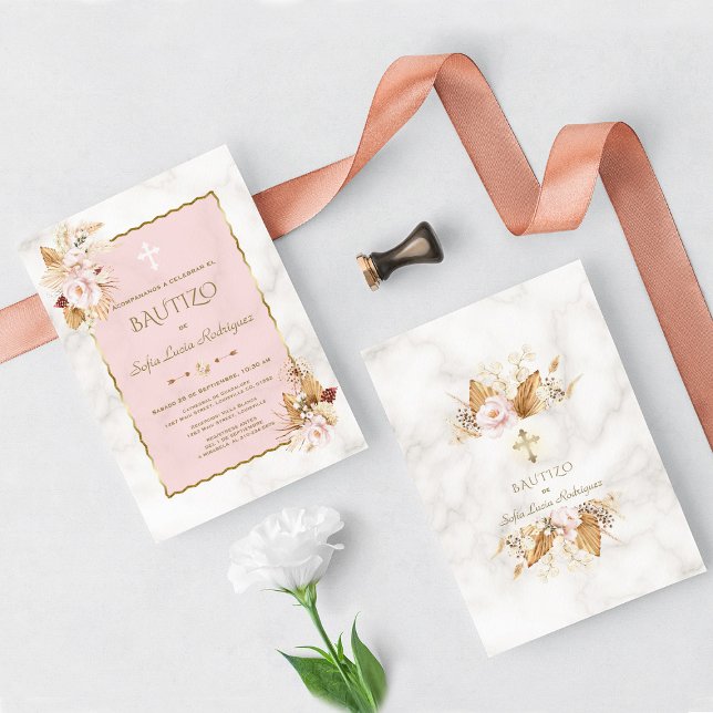 Aquarellfarben Pampas Grass Pink Blume Gold Bautiz Einladung (Von Creator hochgeladen)