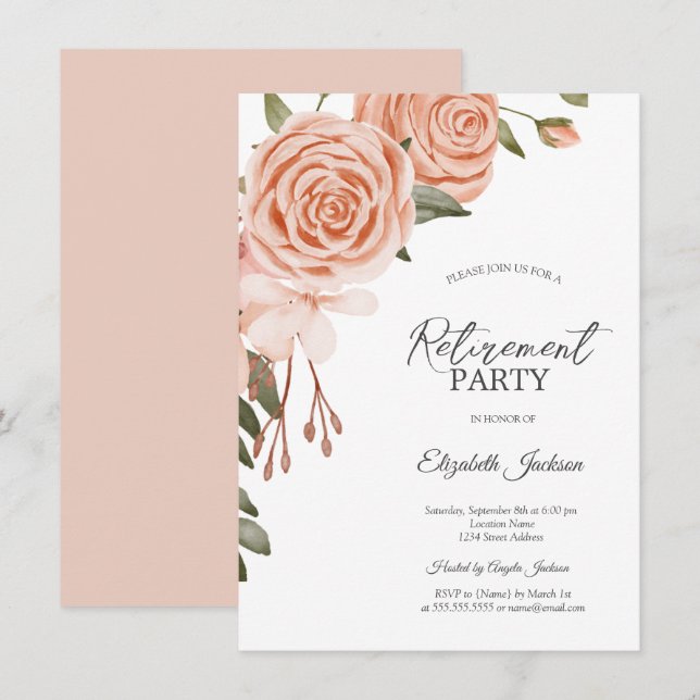Aquarellfarben Peach Blush Blume Brautparty Einladung (Vorne/Hinten)