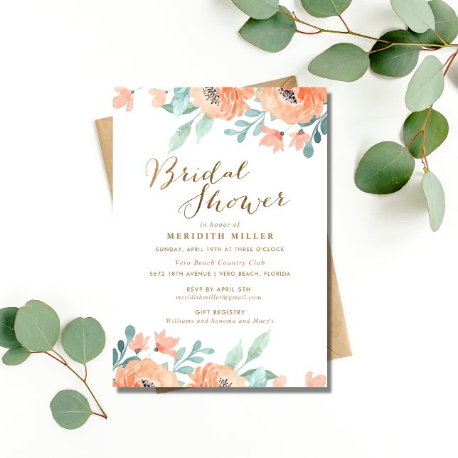 Aquarellfarben Peach Floral Brautparty Party Einladung (Watercolor Peach Floral Bridal Shower Party Invitation)