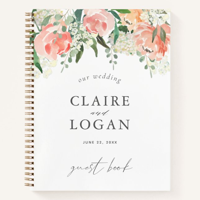 Aquarellfarben Peach Rose Floral Wedding Gästebuch Notizbuch (Vorderseite)