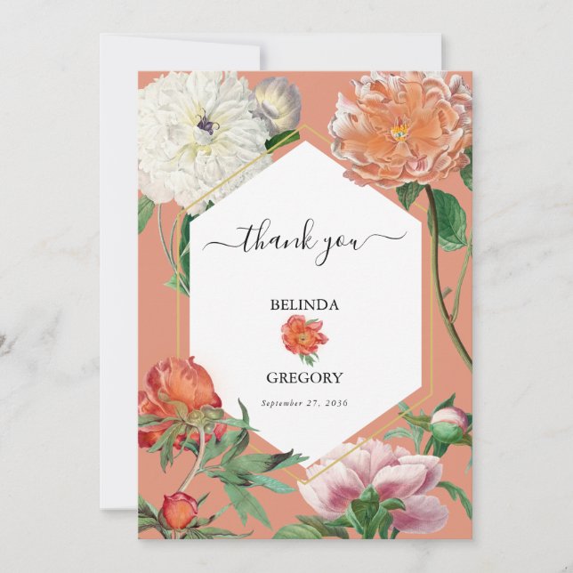 Aquarellfarben Pfirsichrosa Peonies Blume Hochzeit Dankeskarte (Vorderseite)