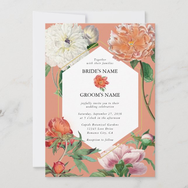 Aquarellfarben Pfirsichrosa Peonies Blume Hochzeit Einladung (Vorderseite)