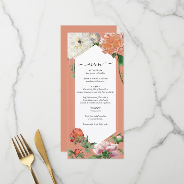 Aquarellfarben Pfirsichrosa Peonies Blume Hochzeit Menükarte (Vorderseite/Rückseite Beispiel)