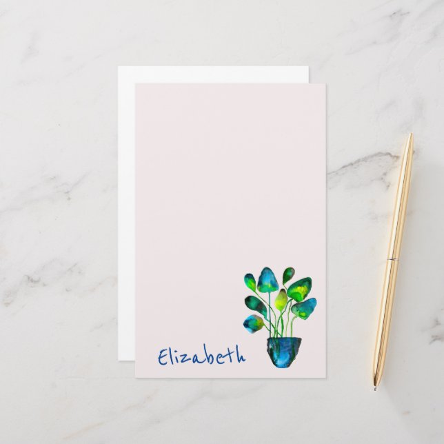 Aquarellfarben Pflanze grün und blau abstrakt Briefpapier (Vorderseite/Rückseite Beispiel)