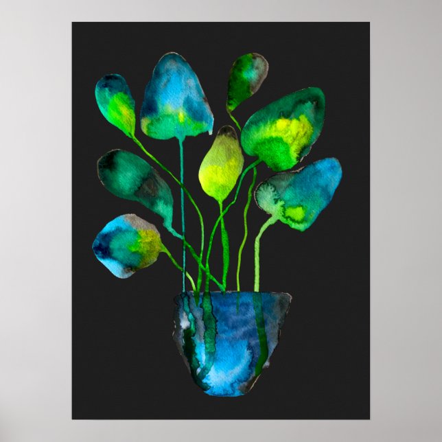 Aquarellfarben Pflanze grün und blau abstrakt Poster (Vorne)