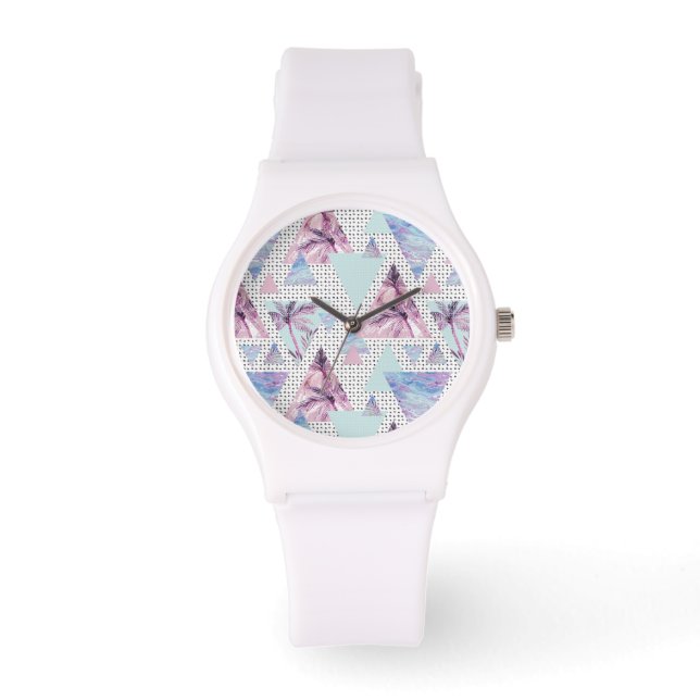 Aquarellfarben Pink & Blue Palm Tree Muster Armbanduhr (Vorderseite)