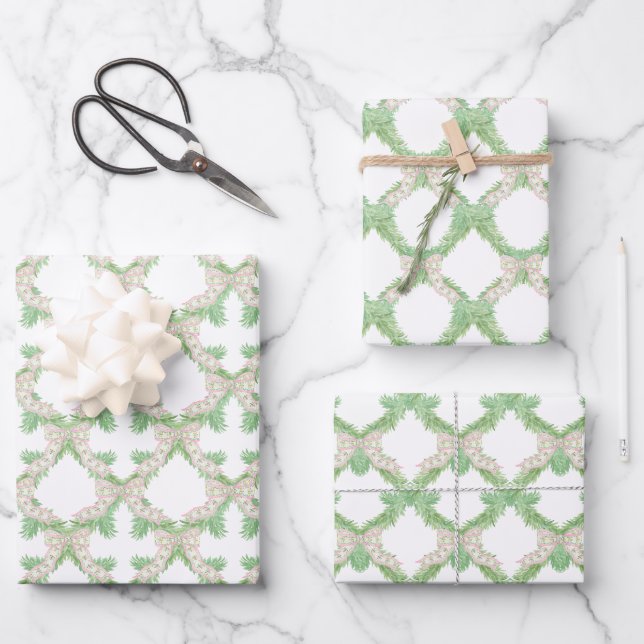 Aquarellfarben Pink & Green Bows Garland Weihnacht Geschenkpapier Set (Vorderseite)