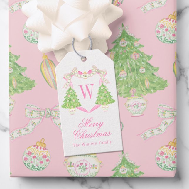 Aquarellfarben Pink & Green Christmas Monogram Wap Geschenkanhänger (Von Creator hochgeladen)