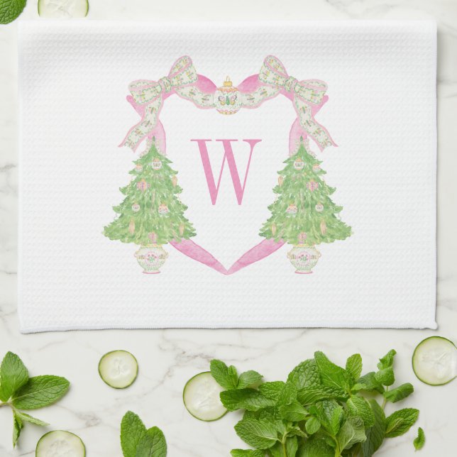 Aquarellfarben Pink & Green Christmas Monogram Wap Geschirrtuch (Gefaltet)