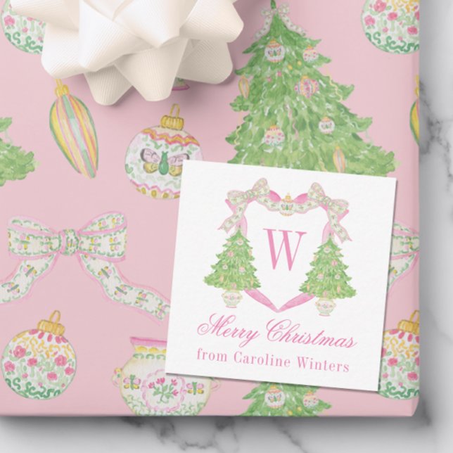 Aquarellfarben Pink & Green Christmas Monogram Wap Mitteilungskarte (Von Creator hochgeladen)