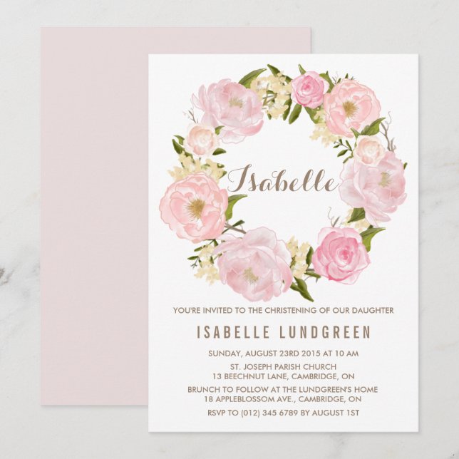 Aquarellfarben Pink Peonies Wreath Christening Einladung (Vorne/Hinten)
