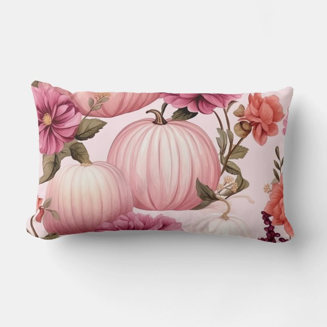 Aquarellfarben Pink Pumpkin Floral Muster Lendenkissen (Vorderseite)