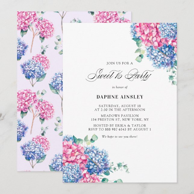 Aquarellfarben Pink und Blue Hydrangeas 16 . Gebur Einladung (Vorne/Hinten)