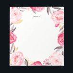 Aquarellfarben Pink und Gold Peongs Wreath Notepad Notizblock<br><div class="desc">Ein individualisierbares Notizblock mit Blütenmuster mit rosafarbenen Pfannkuchen mit goldfarbenem und grauem Blattwerk.</div>