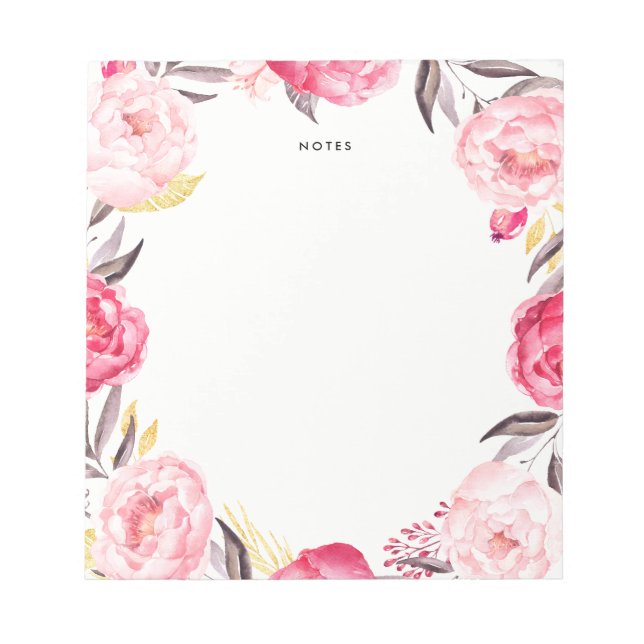 Aquarellfarben Pink und Gold Peongs Wreath Notepad Notizblock (Vorderseite)