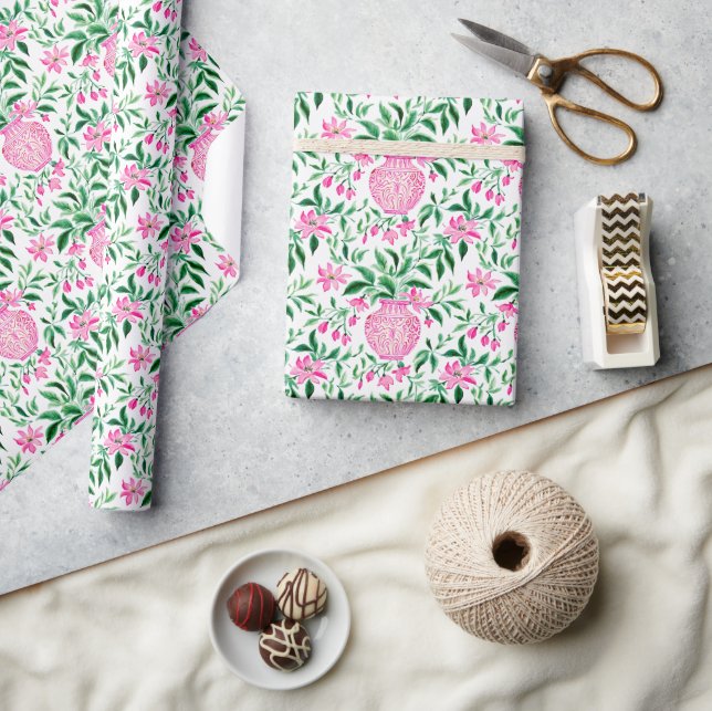 Aquarellfarben Pink und grüne Blumenkästen Geschenkpapier (Kunsthandwerk)